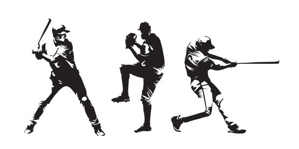 illustrations, cliparts, dessins animés et icônes de l’ensemble des joueurs de base-ball vector silhouettes. groupe de baseballer, dessins à l’encre isolé - baseball player baseball batting sport