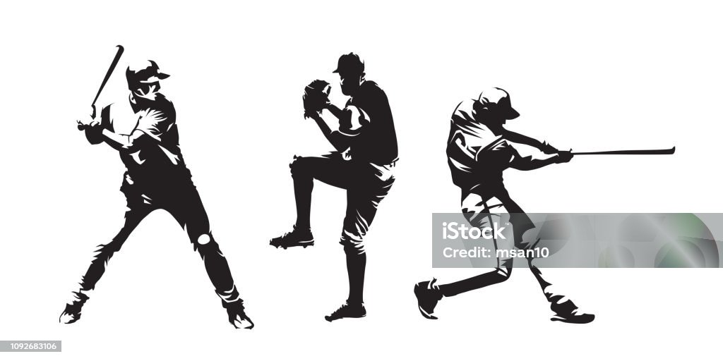 Set of baseball players vector silhouettes. Group of baseballer, isolated ink drawings Baseball - Sport stock vector