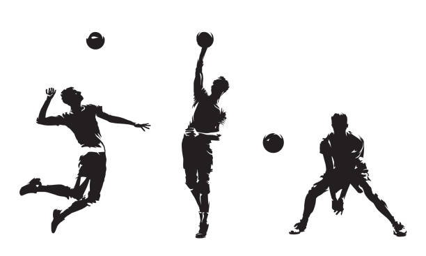 Group of volleyball players, set of isolated vector silhouettes. Team sport, active people. Beach volleyball Group of volleyball players, set of isolated vector silhouettes. Team sport, active people. Beach volleyball volleying stock illustrations