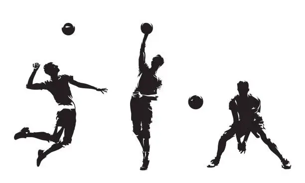 Vector illustration of Group of volleyball players, set of isolated vector silhouettes. Team sport, active people. Beach volleyball