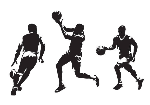 ilustraciones, imágenes clip art, dibujos animados e iconos de stock de grupo de jugadores de baloncesto, juego de siluetas vector aislado. deporte de equipo, gente activa - basketball sport basketball player athlete