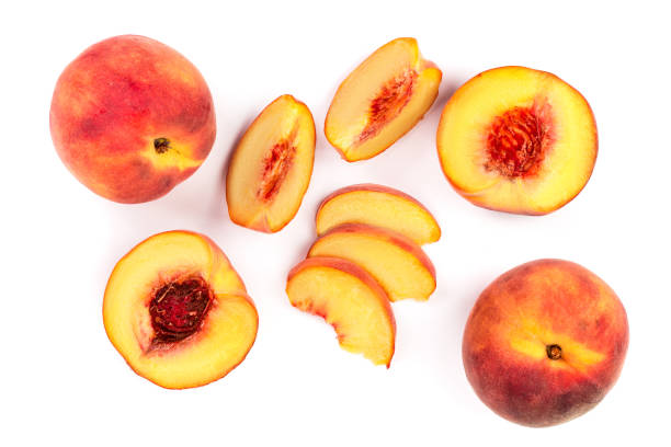 istock ripe peaches isolated on white background. Top view. Flat lay pattern 1092683164