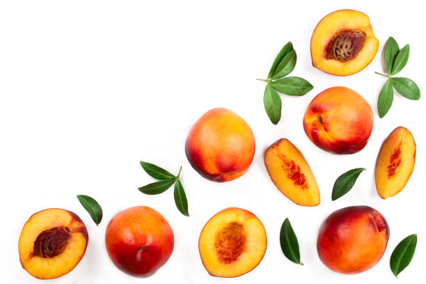istock ripe nectarine with leaves isolated on white background with copy space for your text. Top view. Flat lay pattern 1092683176