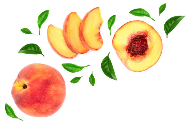 istock ripe peaches with leaves isolated on white background with copy space for your text. Top view. Flat lay pattern 1092683208