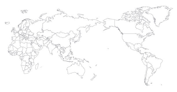 World Map Outline Contour Silhouette - Asia in Center World Map Outline Contour Silhouette - Asia in Center central european time stock illustrations