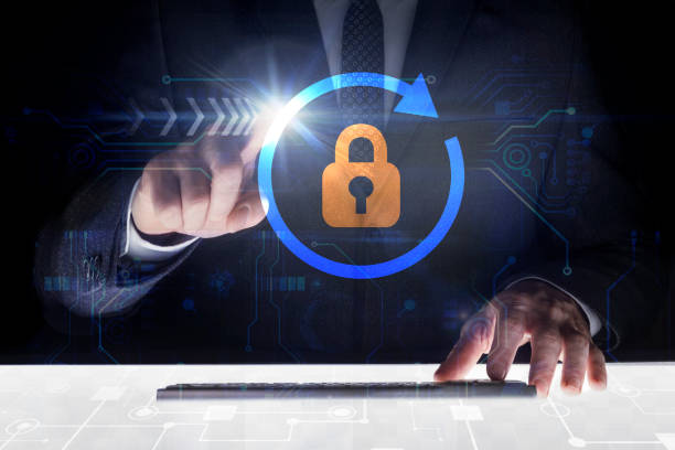 istock Businessman touching screen with about Lock icon 1092683520
