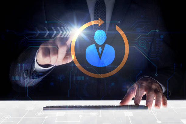 istock Businessman touching screen with about Staff 1092683538