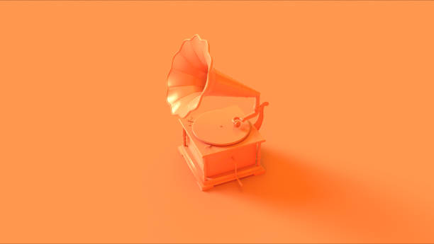 orange vintage gramophone 3d abbildung 3d render - grammophon stock-fotos und bilder