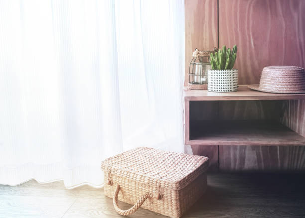 istock Vintage Retro Style Room. Decorated by Hat, Suitcase, Candle Light and Tree Pot. Interior Design Concept 1092693914