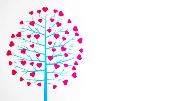 Heart-shaped leaves on the tree. Heart tree on white background. Artwork for valentine's day. 3d illustration.