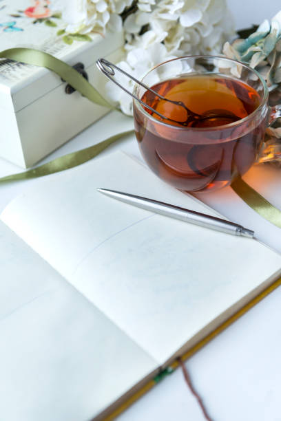 istock open Notepad, black tea mug, pen, box, hydrangea flowers, white sheet of paper 1092697472
