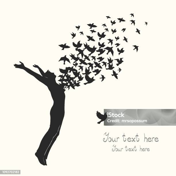 Man Jumping With A Flock Of Birds Stock Illustration - Download Image Now - Flying, Bird, Spirituality