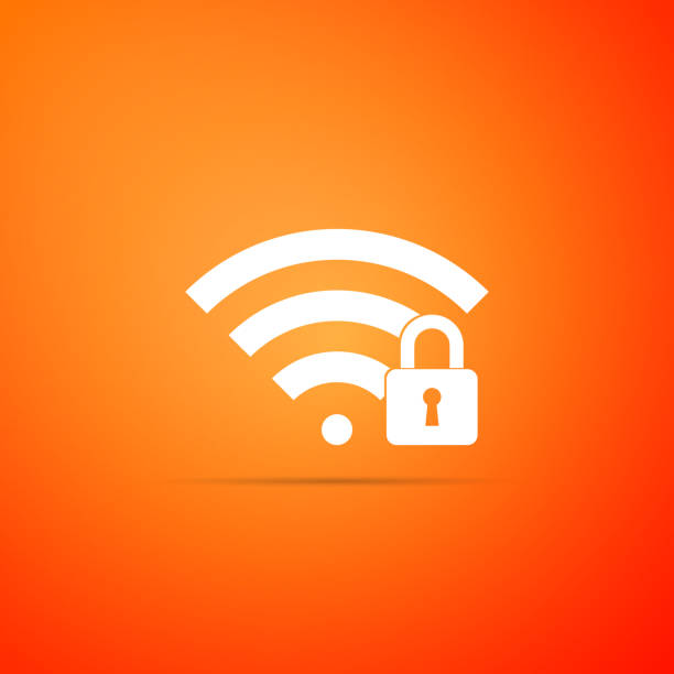 istock Wifi locked sign icon isolated on orange background. Password Wi-fi symbol. Wireless Network icon. Wifi zone. Flat design. Vector Illustration 1092703402
