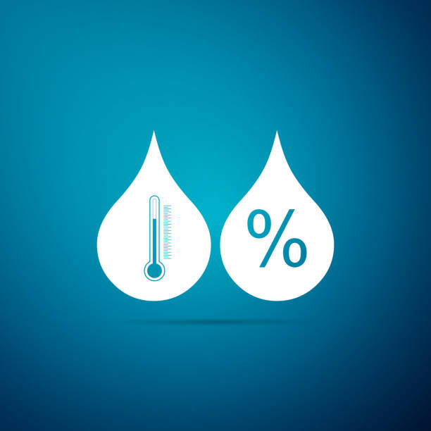 Humidity icon isolated on blue background. Weather and meteorology, thermometer symbol. Flat design. Vector Illustration Humidity icon isolated on blue background. Weather and meteorology, thermometer symbol. Flat design. Vector Illustration metcast stock illustrations