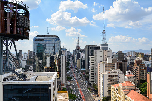 Aerial view of Paulista Avenue, Sao Paulo skyline. Brazil