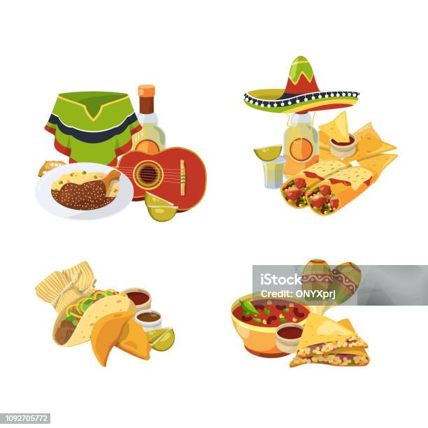 Vector Cartoonmexikanisches Essen Haufen Satz Isoliert Auf Weißem Hintergrund Illustration Stock Vektor Art und mehr Bilder von Bildhintergrund