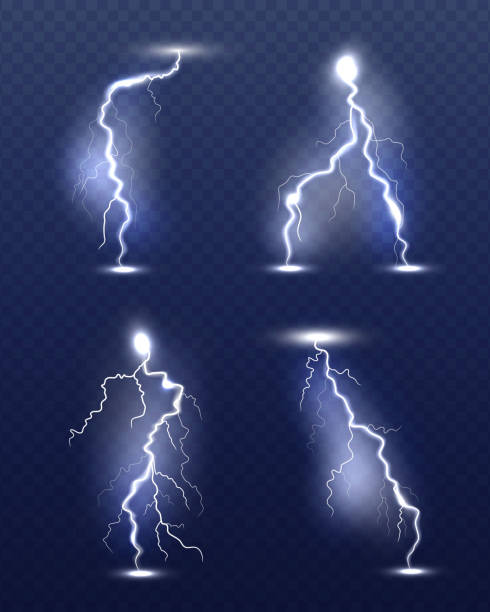 bildbanksillustrationer, clip art samt tecknat material och ikoner med blixtnedslag realistiska. energi glöd särskilda väder storm effekter power el strike vektor 3d symboler - electricity