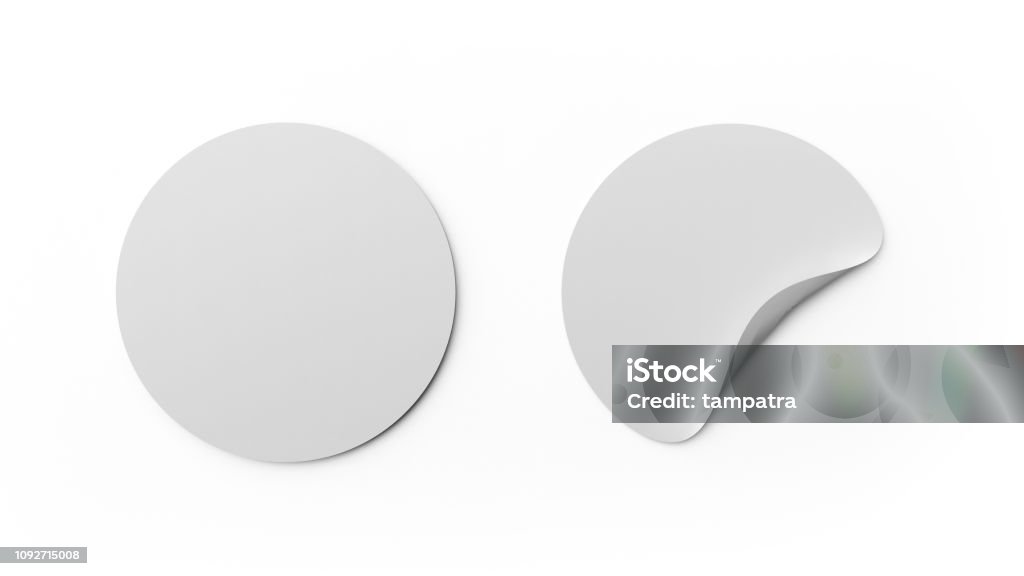 Blank white round stickers or tag template isolated on white background. Mock up design. 3d abstract illustration. Empty circle labels. Sticker Stock Photo