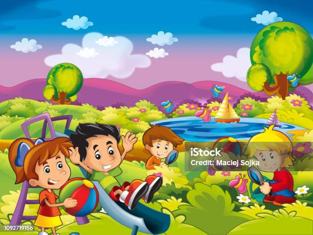 Cartoon Summer Nature Background Near The Lake With Kids Having Fun And  Picnic Stock Illustration - Download Image Now - iStock