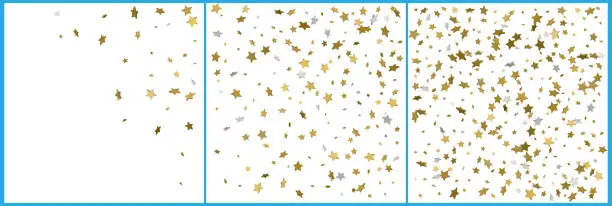 Vector illustration of 3d gold and silver stars confetti celebrations. Simple festive modern design. Holiday vector. Set 3 in 1