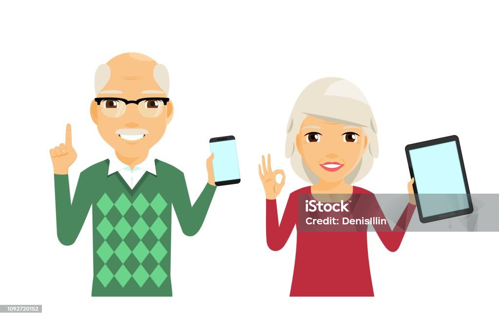Elderly Man And Woman With Gadgets In Their Hands An Elderly Man
