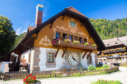 Breitnau, Germany - September 8, 2018:  View of Black Forest Cuckoo Clock village and shop on a sunny day.