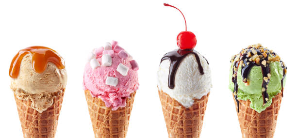 conjunto de cuatro diferentes porcionador de helado en conos de waffle - waffle isolated food photography fotografías e imágenes de stock