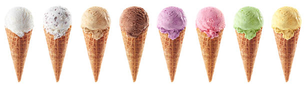 Set of various ice cream scoops in waffle cones Set of various ice cream scoops in waffle cones isolated on white background scoop shape stock pictures, royalty-free photos & images