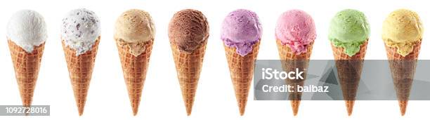 Set Of Various Ice Cream Scoops In Waffle Cones Stock Photo - Download Image Now - Ice Cream, Scoop Shape, Serving Scoop
