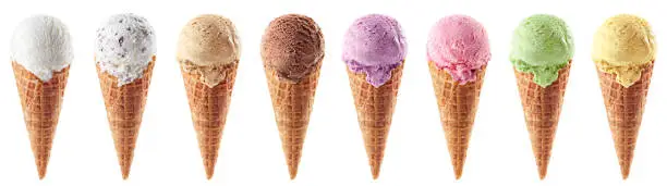 Photo of Set of various ice cream scoops in waffle cones