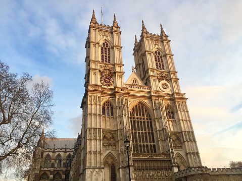 London, England, United Kingdom - May 3, 2023. Exterior of Westminster Abbey church and grounds a few days before the coronation. Westminster Abbey is an Anglican royal church which offers daily services for all and is a World Heritage Site with over a thousand years of history.