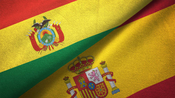 istock Spain and Bolivia two flags together realations textile cloth fabric texture 1092738732