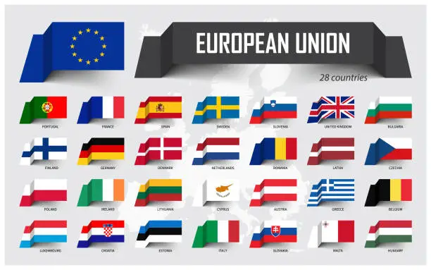 Vector illustration of European Union . EU and membership . Association of 28 countries . Floating paper flag design on Europe map background . Vector