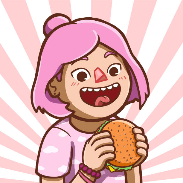 illustrations, cliparts, dessins animés et icônes de asiat manger de hamburger - portrait bouche ouverte