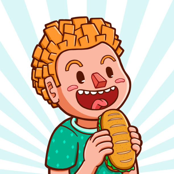 illustrations, cliparts, dessins animés et icônes de sandwich baguette manger de garçon blanc - portrait bouche ouverte