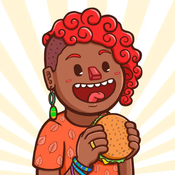 Vector illustration of Black girl eating hamburger