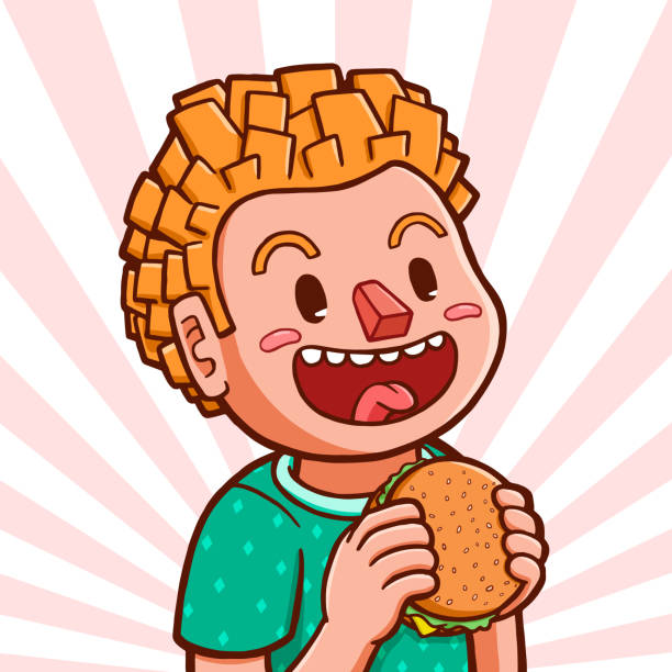 illustrations, cliparts, dessins animés et icônes de garçon blanc manger de hamburger - portrait bouche ouverte