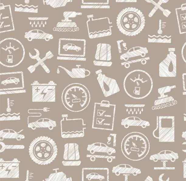 Vector illustration of Car repair and maintenance, seamless pattern, gray, white, pencil hatching, vector.