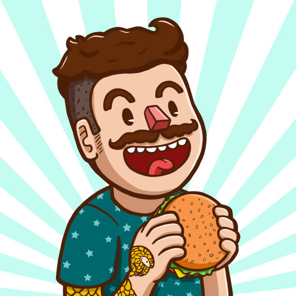 illustrations, cliparts, dessins animés et icônes de hamburger homme blanc manger - portrait bouche ouverte
