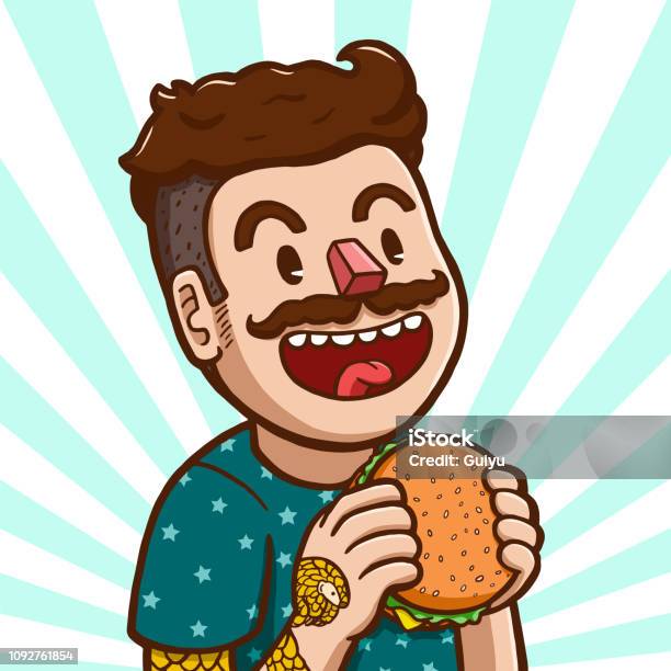 White Man Eating Hamburger Stock Illustration - Download Image Now - Eating, Burger, Men