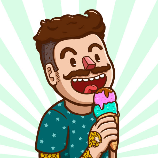 illustrations, cliparts, dessins animés et icônes de cornet de crème glacée homme blanc manger - portrait bouche ouverte