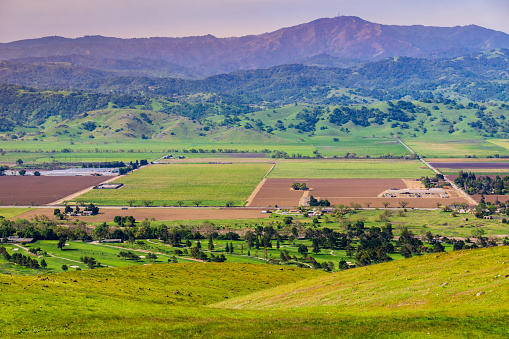 Aerial view of agricultural fields, mountain background, south San Francisco bay, San Jose, California