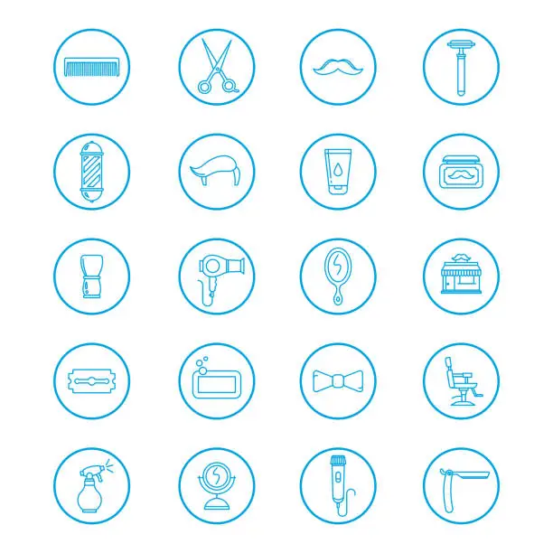 Vector illustration of Blue circle barbershop lineart icons