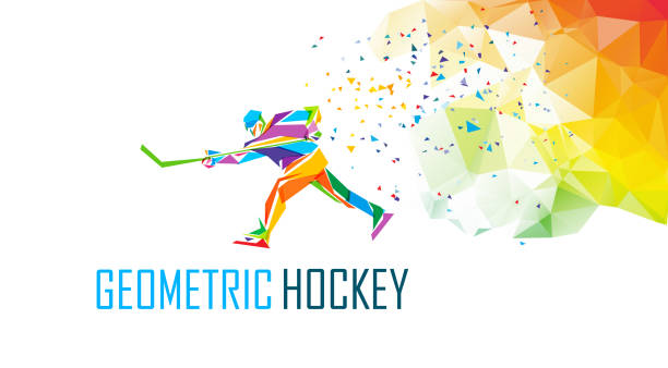 Hockey player silhouette, polygonal vector illustration. Low poly ice hockey skater with puck Hockey player, geometric polygonal vector illustration. Low poly abstract ice hockey skater on colorful background ice hockey net stock illustrations