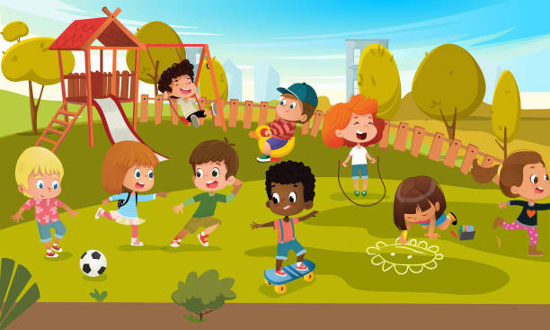 illustrations, cliparts, dessins animés et icônes de w + 12 - playground schoolyard playful playing