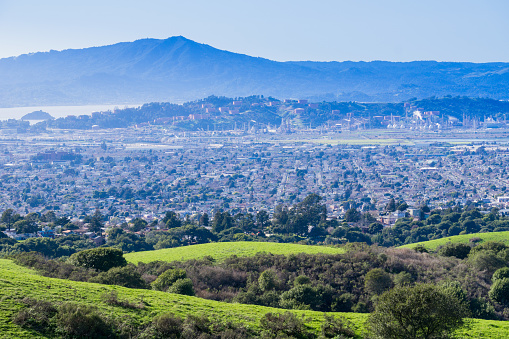 View towards Richmond from Wildcat Canyon Regional Park, East San Francisco bay, Contra Costa county, Marin County in the background, California