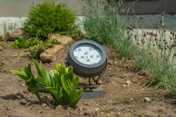 Powerful garden LED spotlight stock photo