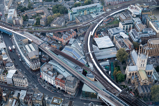 Aerial View of London, Southwark, railway triangle near Borough Market and London Bridge Station.