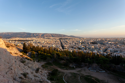 View of Athens Greece during the evening from Filopappou Hill.