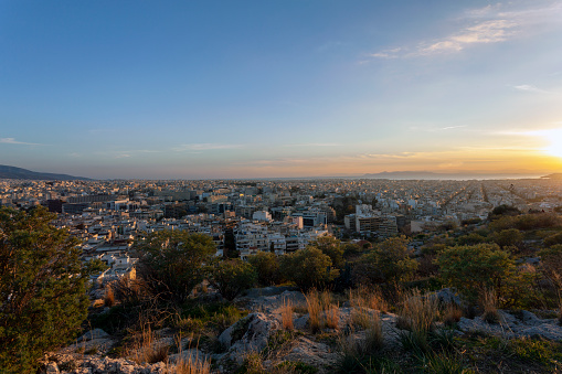 View of Athens Greece during the evening from Filopappou Hill.